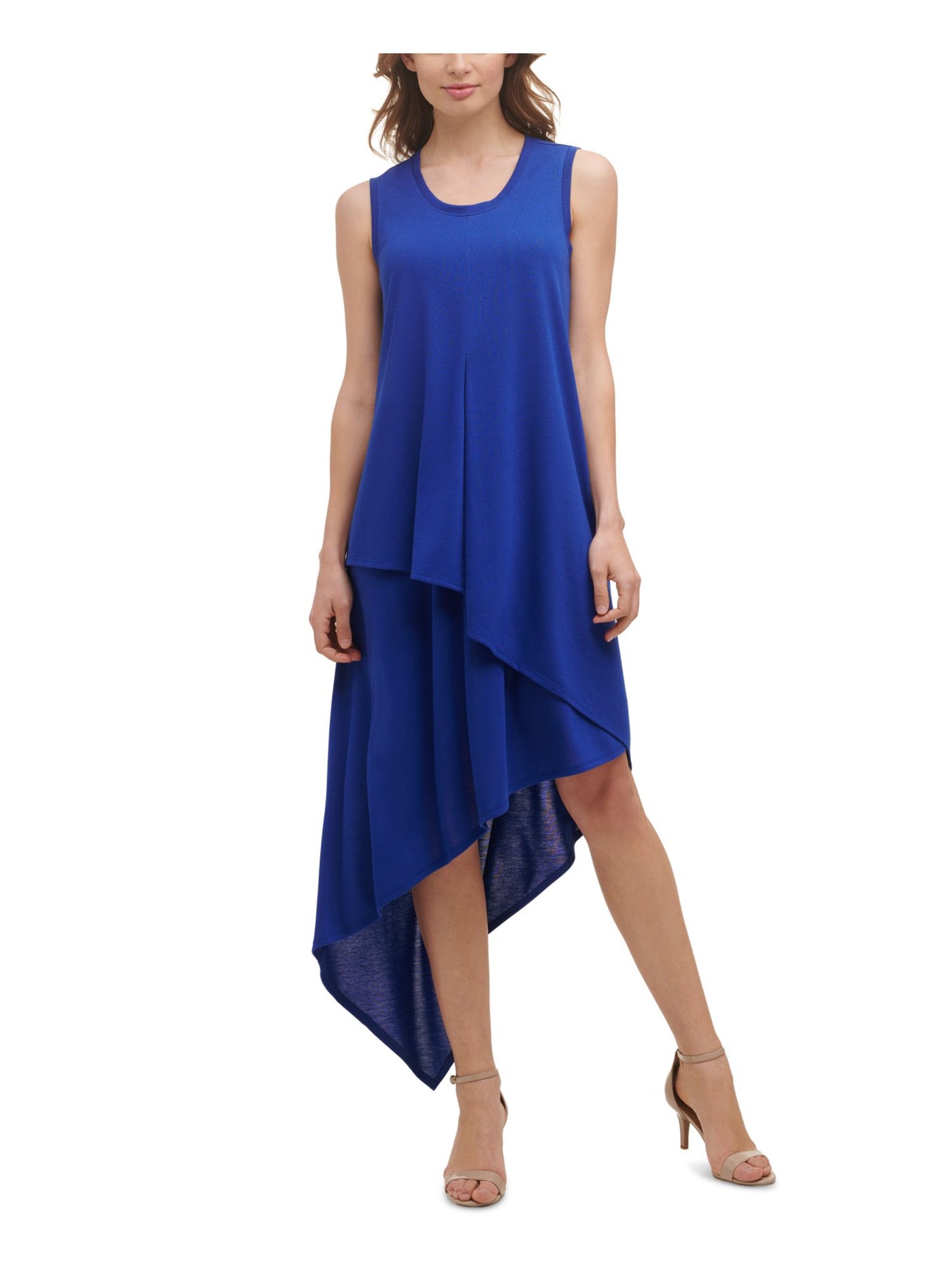 KENSIE Womens Blue Jersey Pleated Pullover Styling Unlined Sleeveless Jewel Neck Maxi Evening Hi-Lo Dress S