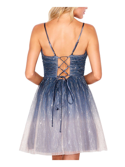 TEEZE ME Womens Gray Embellished Zippered Strappy Lace-up Back Ombre Spaghetti Strap Scoop Neck Short Prom Fit + Flare Dress 15\16