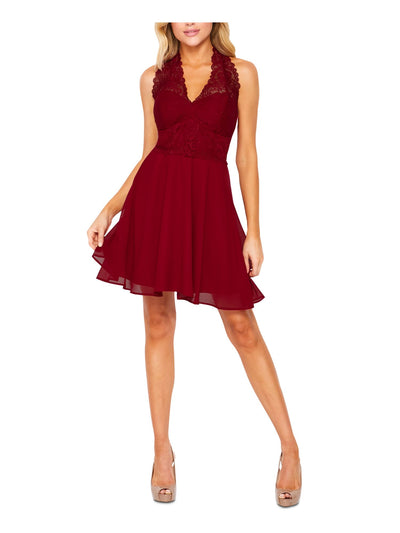 TEEZE ME Womens Red Lace Zippered Sheer Lined Tie Waist Padded Long Sleeve Halter Short Party Fit + Flare Dress S