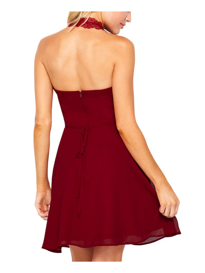 TEEZE ME Womens Red Lace Zippered Sheer Lined Tie Waist Padded Long Sleeve Halter Short Party Fit + Flare Dress S