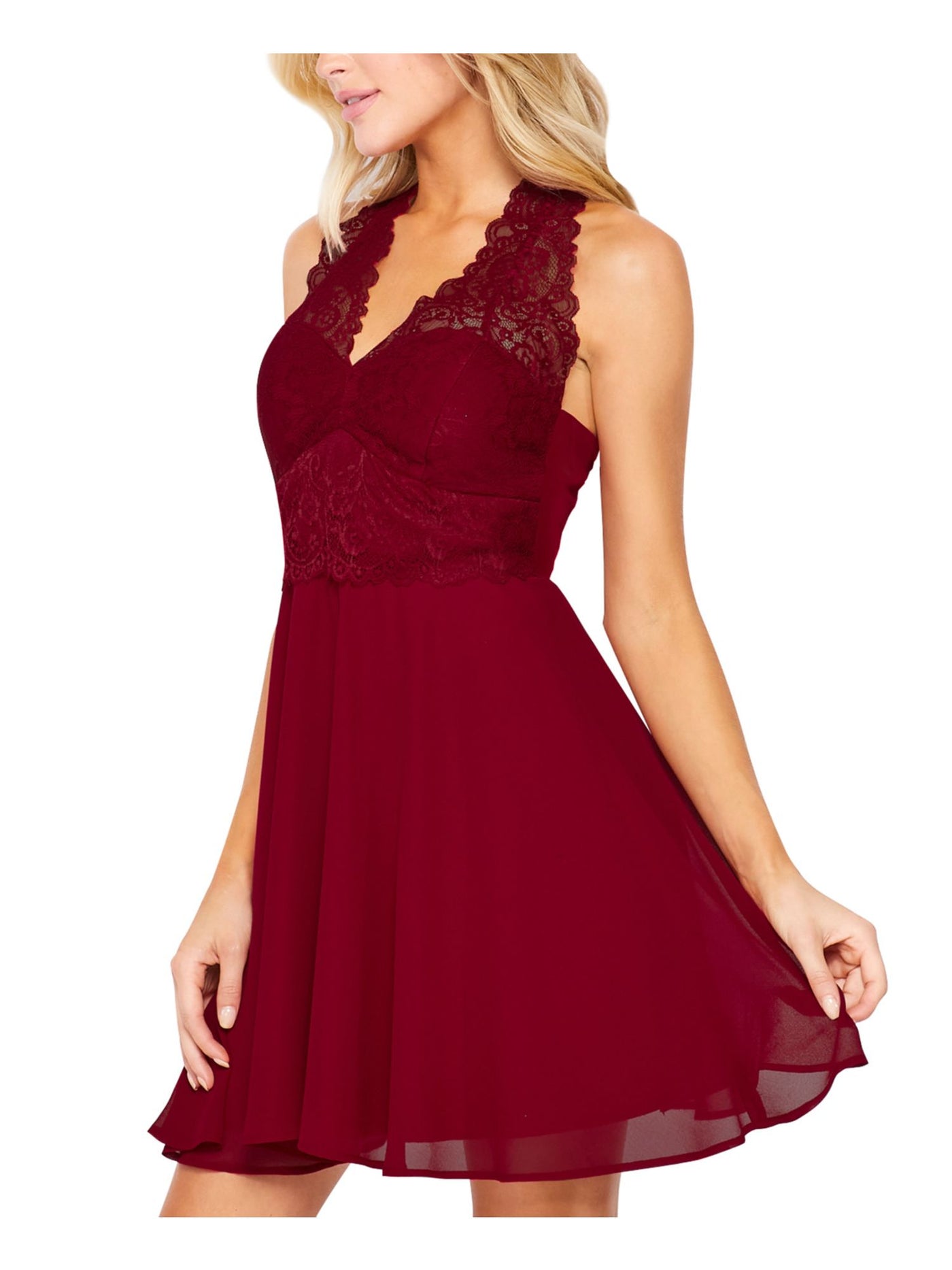 TEEZE ME Womens Red Lace Zippered Sheer Lined Tie Waist Padded Long Sleeve Halter Short Party Fit + Flare Dress Juniors M