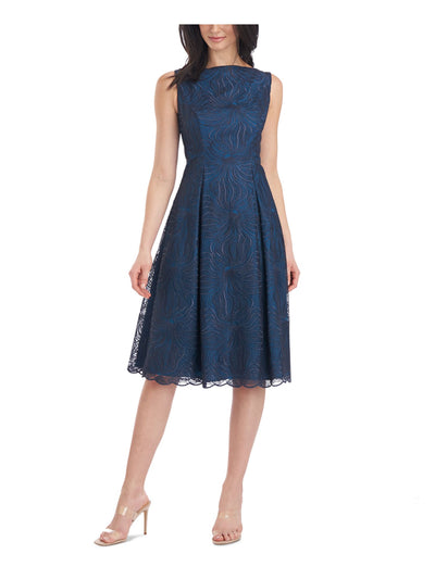 JS COLLECTION Womens Blue Embroidered Zippered Pleated Sleeveless Boat Neck Below The Knee Cocktail Fit + Flare Dress 2