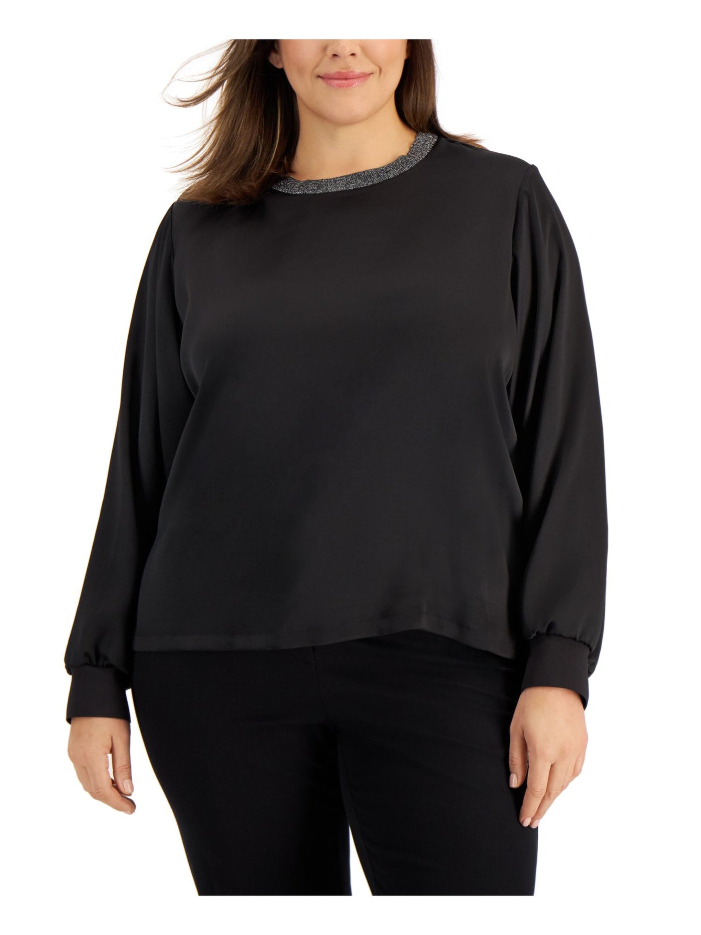 CALVIN KLEIN Womens Black Long Sleeve Crew Neck Wear To Work Top Plus 0X