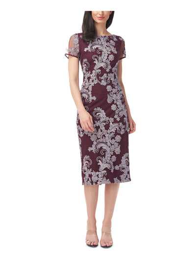 JS COLLECTION Womens Burgundy Embroidered Zippered Soutache-trim Short Sleeve Boat Neck Below The Knee Evening Sheath Dress 2