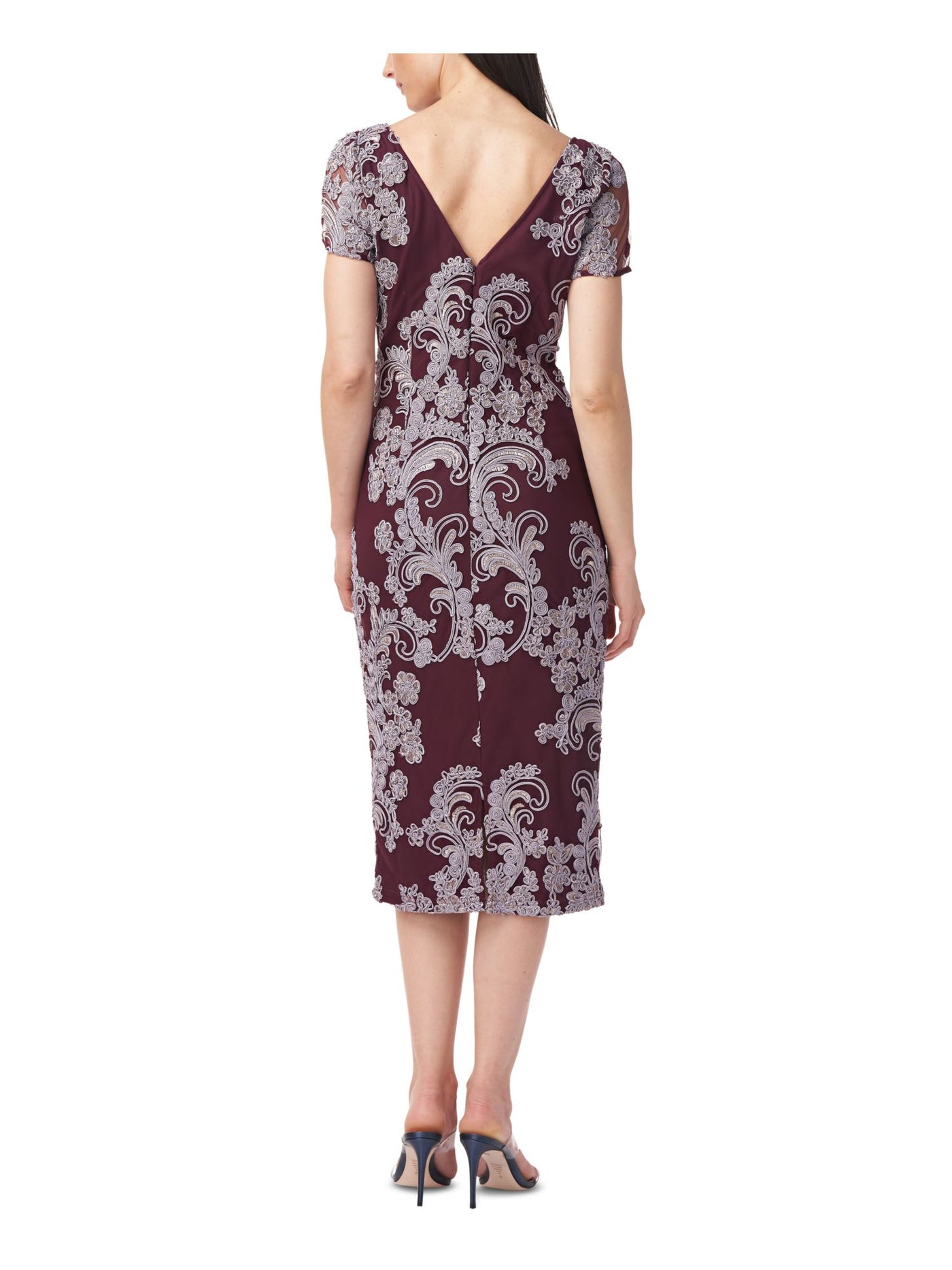 JS COLLECTION Womens Burgundy Embroidered Zippered Soutache-trim Short Sleeve Boat Neck Below The Knee Evening Sheath Dress 2