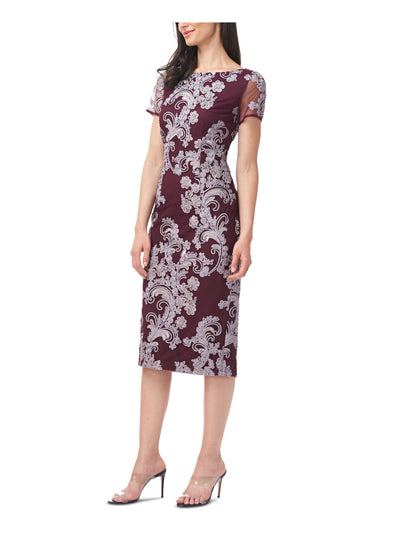 JS COLLECTION Womens Burgundy Embroidered Zippered Soutache-trim Short Sleeve Boat Neck Below The Knee Evening Sheath Dress 2