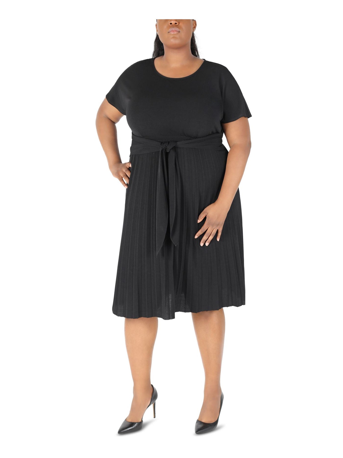 SIGNATURE BY ROBBIE BEE Womens Black Jersey Pleated Tie Pullover Style Unlined Short Sleeve Round Neck Below The Knee Fit + Flare Dress Plus 3X