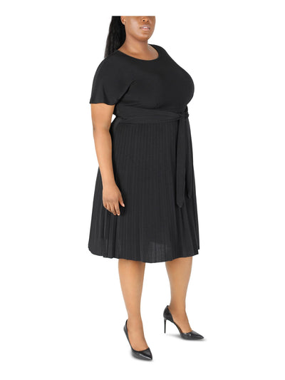 SIGNATURE BY ROBBIE BEE Womens Black Jersey Pleated Tie Pullover Style Unlined Short Sleeve Round Neck Below The Knee Fit + Flare Dress Plus 1X