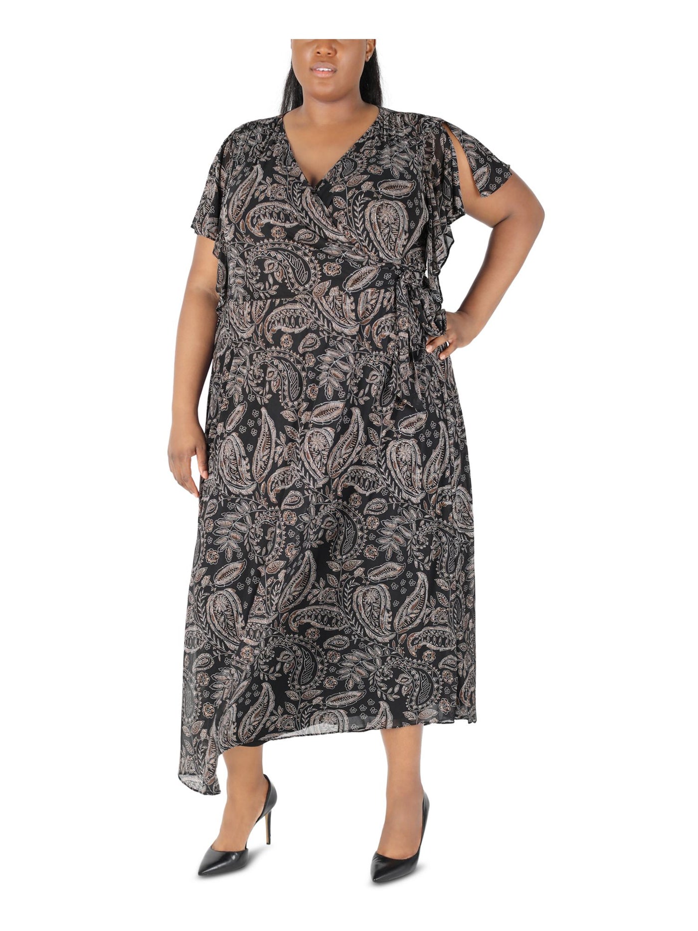 ROBBIE BEE Womens Black Tie Pullover Style Lined Printed Flutter Sleeve Surplice Neckline Maxi Wear To Work Shift Dress Plus 2X