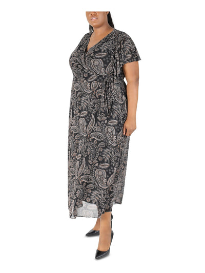 ROBBIE BEE Womens Black Tie Pullover Style Lined Printed Flutter Sleeve Surplice Neckline Maxi Wear To Work Shift Dress Plus 2X