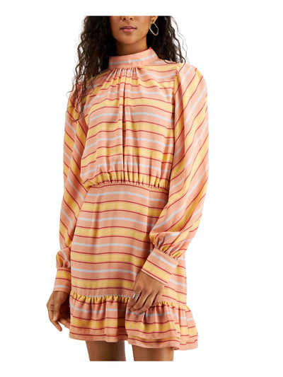 LE RUMI Womens Coral Zippered Ruffled Two Keyholes In Back Striped Cuffed Sleeve Mock Neck Short Wear To Work Peplum Dress M