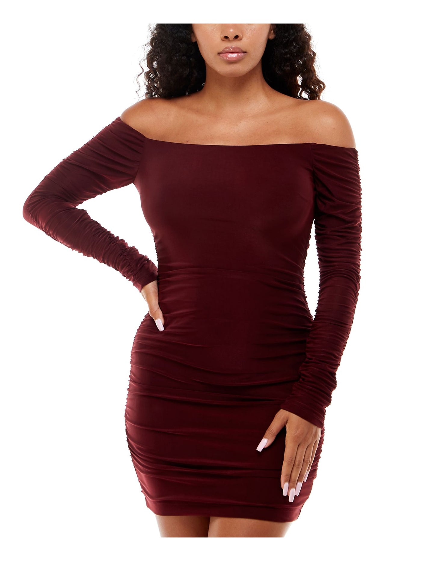 B DARLIN Womens Maroon Ruched Long Sleeve Off Shoulder Short Party Body Con Dress 15\16