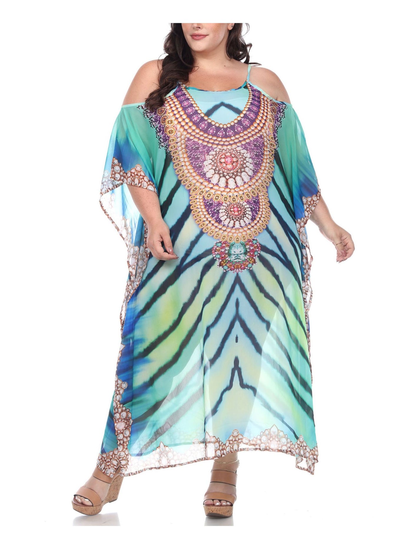 WHITE MARK Womens Green Cold Shoulder Sheer Caftan Bell Sleeve Scoop Neck Maxi Shift Dress Plus ONE SIZE