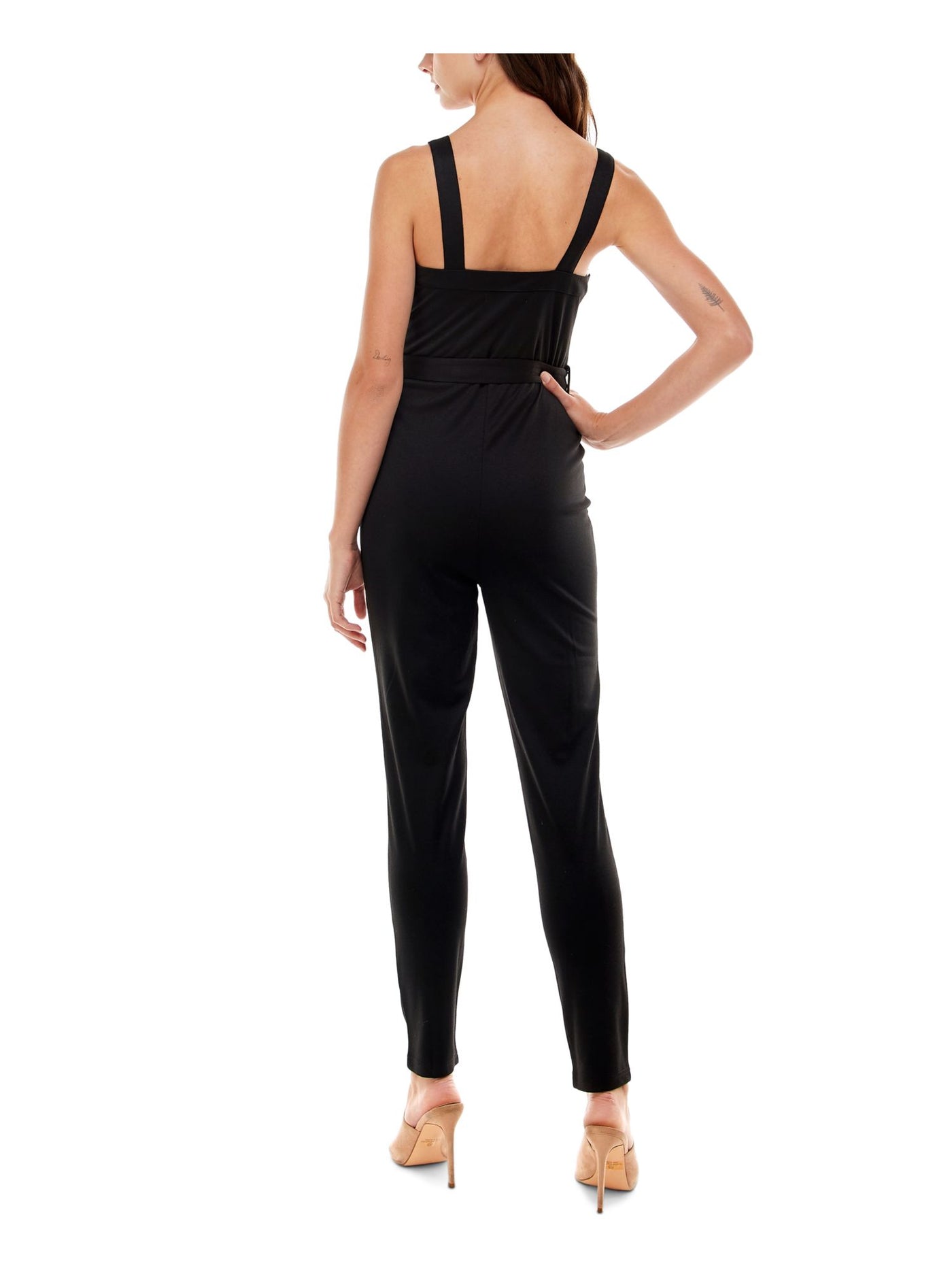 ALMOST FAMOUS Womens Black Stretch Belted Zippered Sleeveless Square Neck Evening Skinny Jumpsuit XL