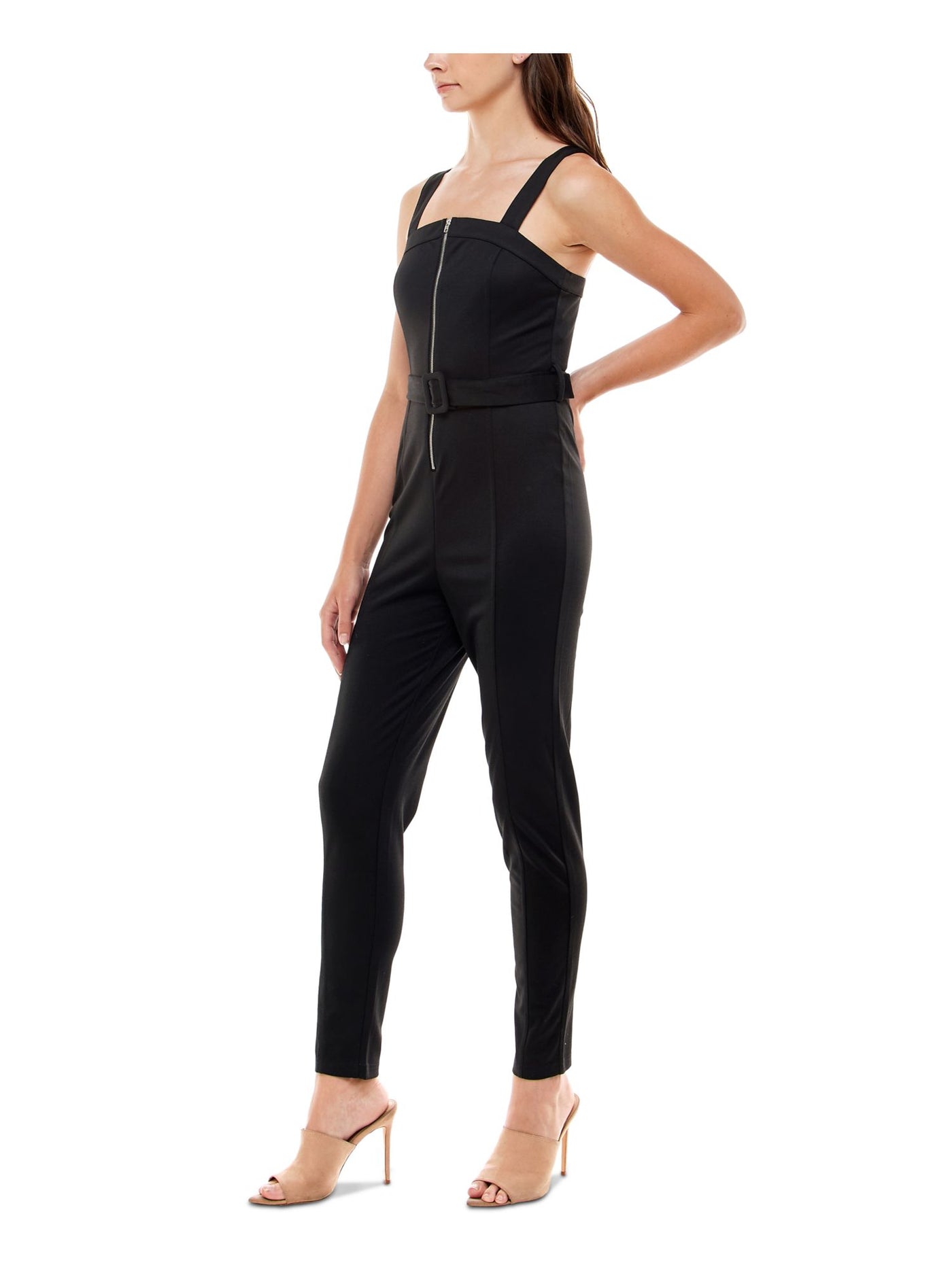 ALMOST FAMOUS Womens Black Stretch Belted Zippered Sleeveless Square Neck Evening Skinny Jumpsuit S