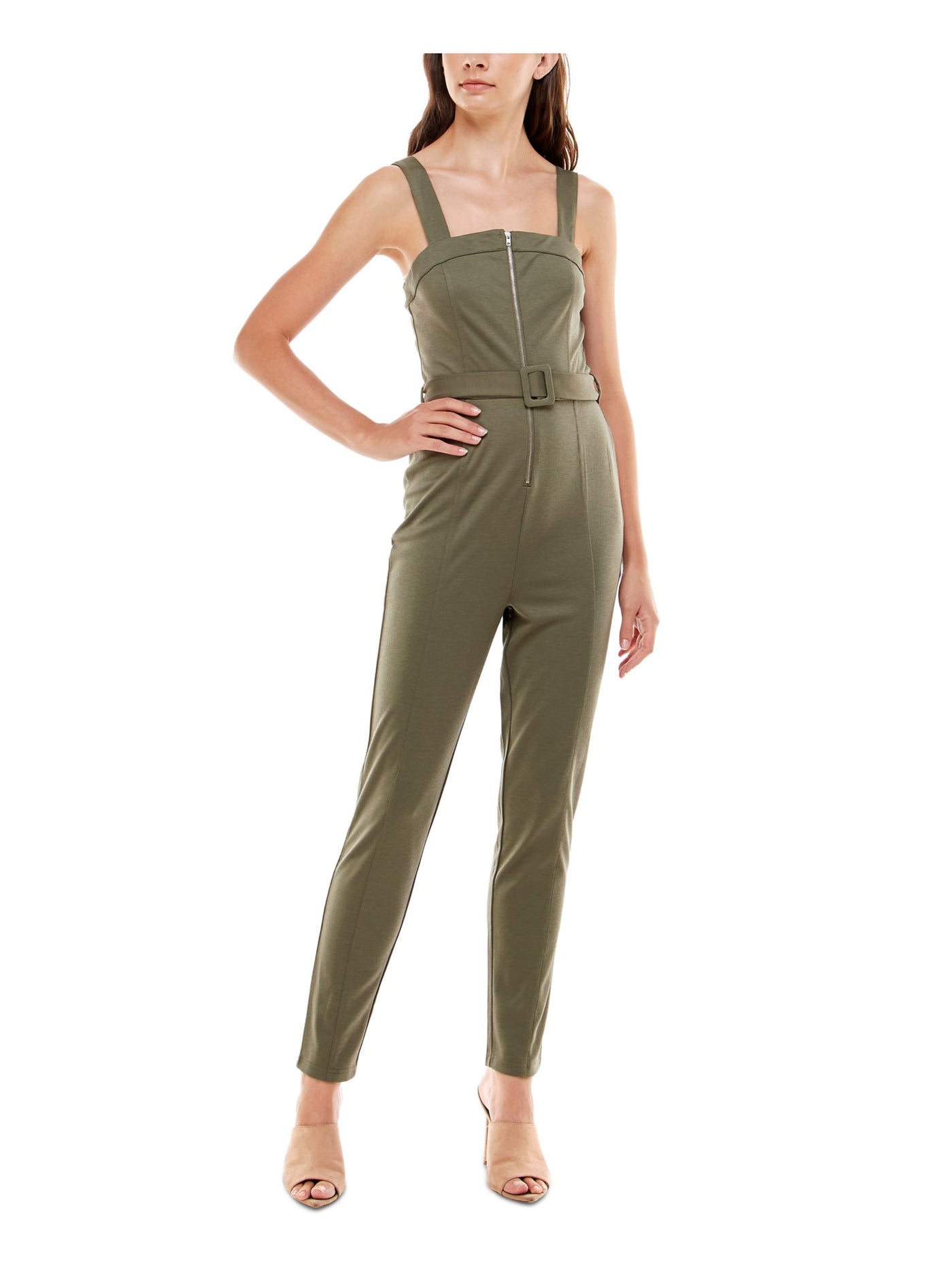 ALMOST FAMOUS Womens Green Belted Zippered Sleeveless Square Neck Skinny Jumpsuit S