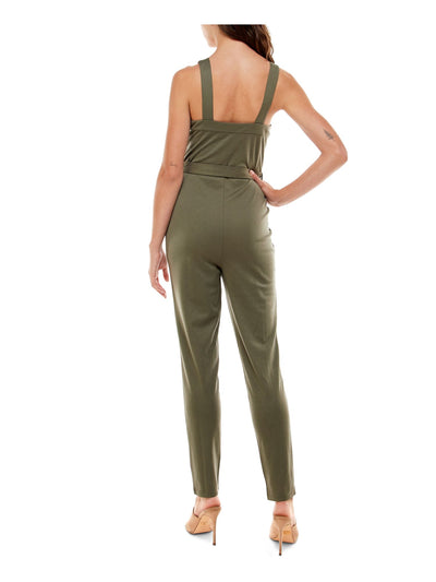 ALMOST FAMOUS Womens Green Belted Zippered Sleeveless Square Neck Skinny Jumpsuit S