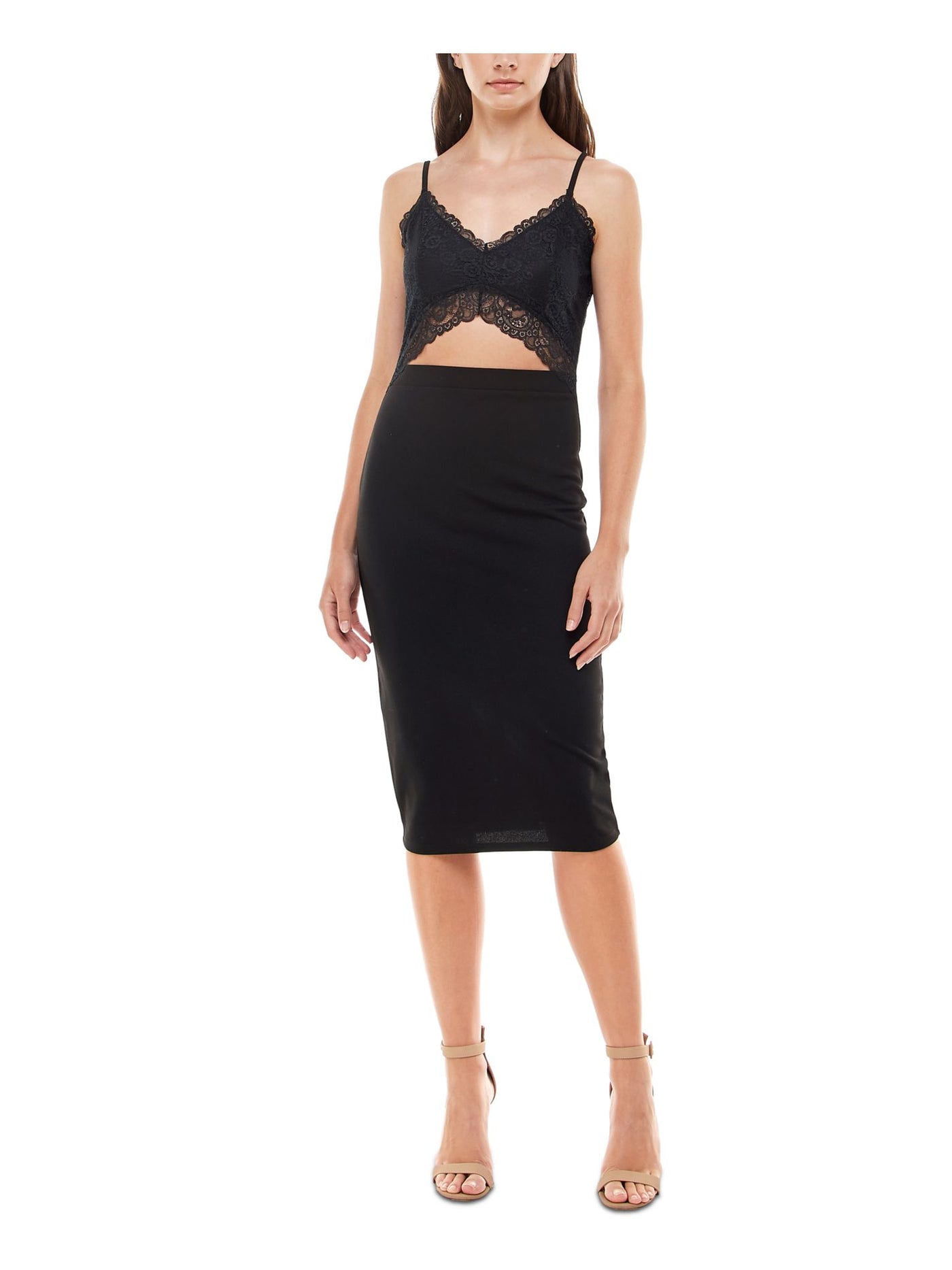 ALMOST FAMOUS Womens Black Stretch Lace Scalloped Cut Out Zippered Spaghetti Strap V Neck Midi Party Body Con Dress XXS