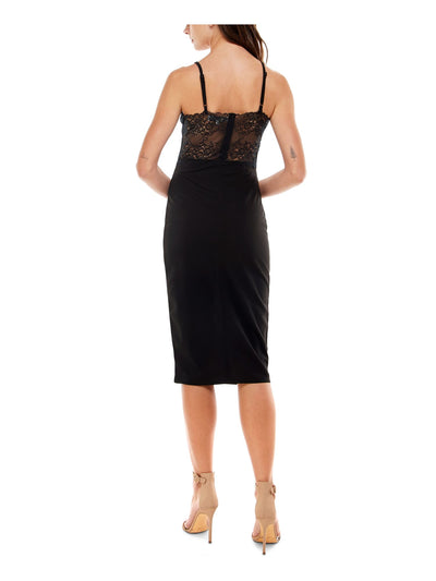 ALMOST FAMOUS Womens Black Stretch Lace Scalloped Cut Out Zippered Spaghetti Strap V Neck Midi Party Body Con Dress XXS