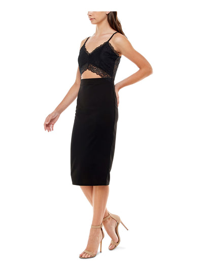 ALMOST FAMOUS Womens Black Stretch Lace Scalloped Cut Out Zippered Spaghetti Strap V Neck Midi Party Body Con Dress XXS