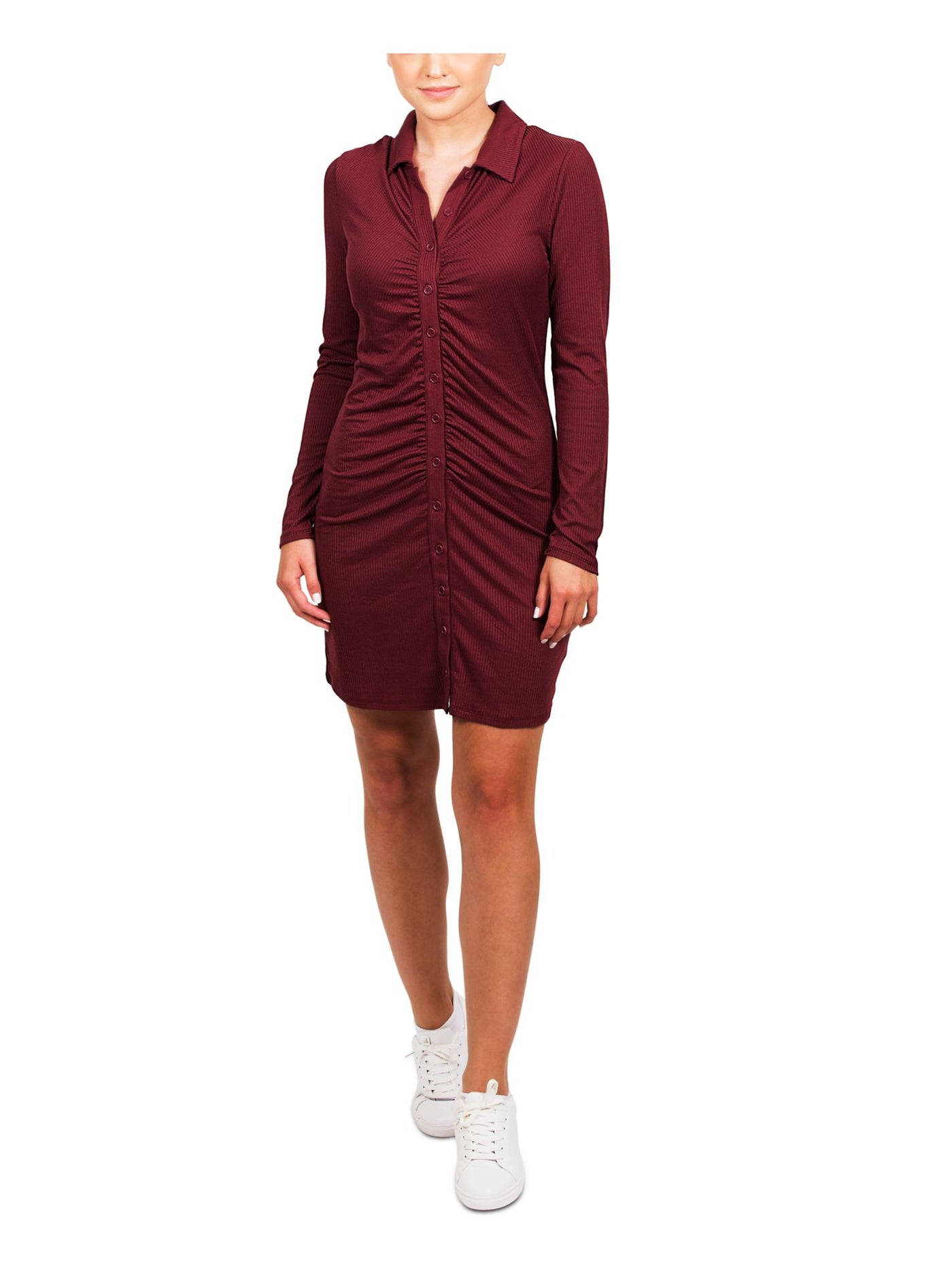 HIPPIE ROSE Womens Stretch Ribbed Long Sleeve Collared Short Body Con Dress