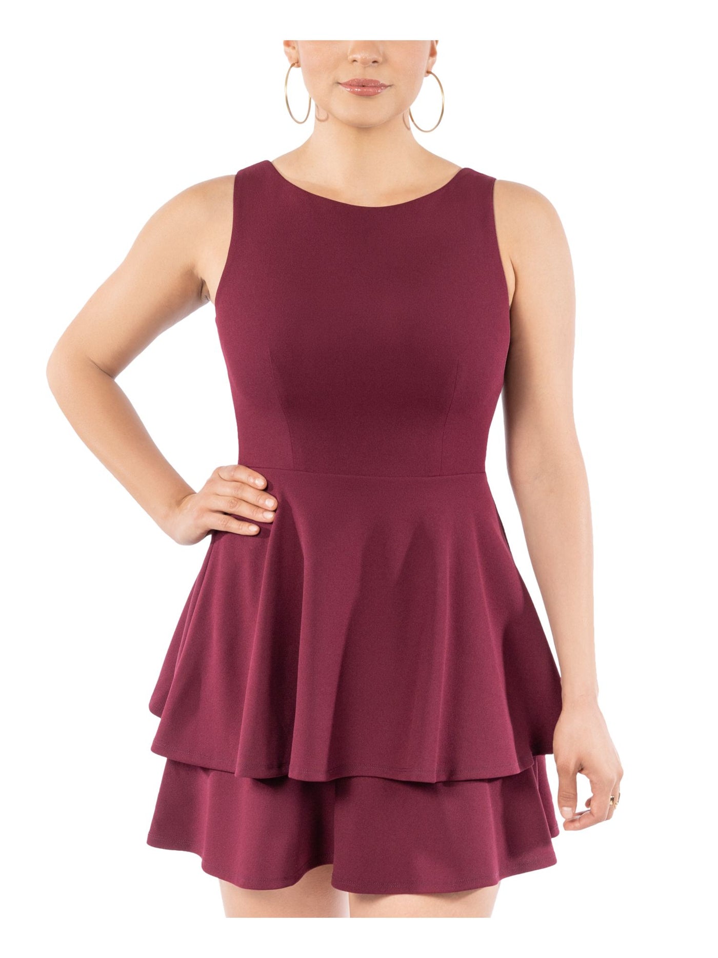 B DARLIN Womens Maroon Stretch Zippered Darted Ruffled Lined Sleeveless Scoop Neck Mini Party Layered Dress 1\2