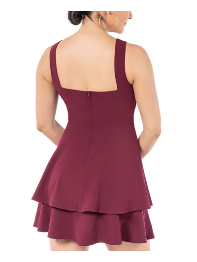 B DARLIN Womens Maroon Stretch Zippered Darted Ruffled Lined Sleeveless Scoop Neck Mini Party Layered Dress 1\2