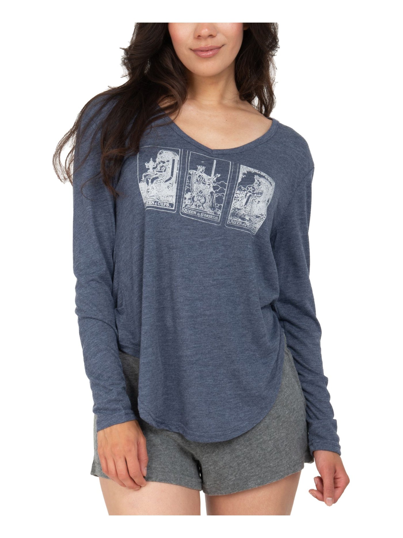 RETROSPECTIVE CO. Womens Munki Munki Tarot Gray Graphic Long Sleeve T-Shirt Top and Shorts Pajamas M