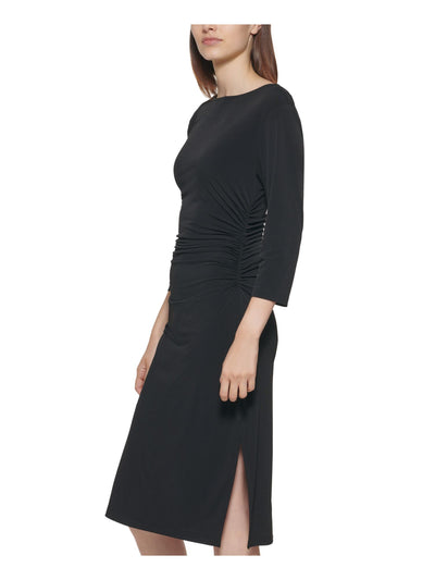 CALVIN KLEIN Womens Stretch Ruched Zippered 3/4 Sleeve Boat Neck Below The Knee Evening Sheath Dress