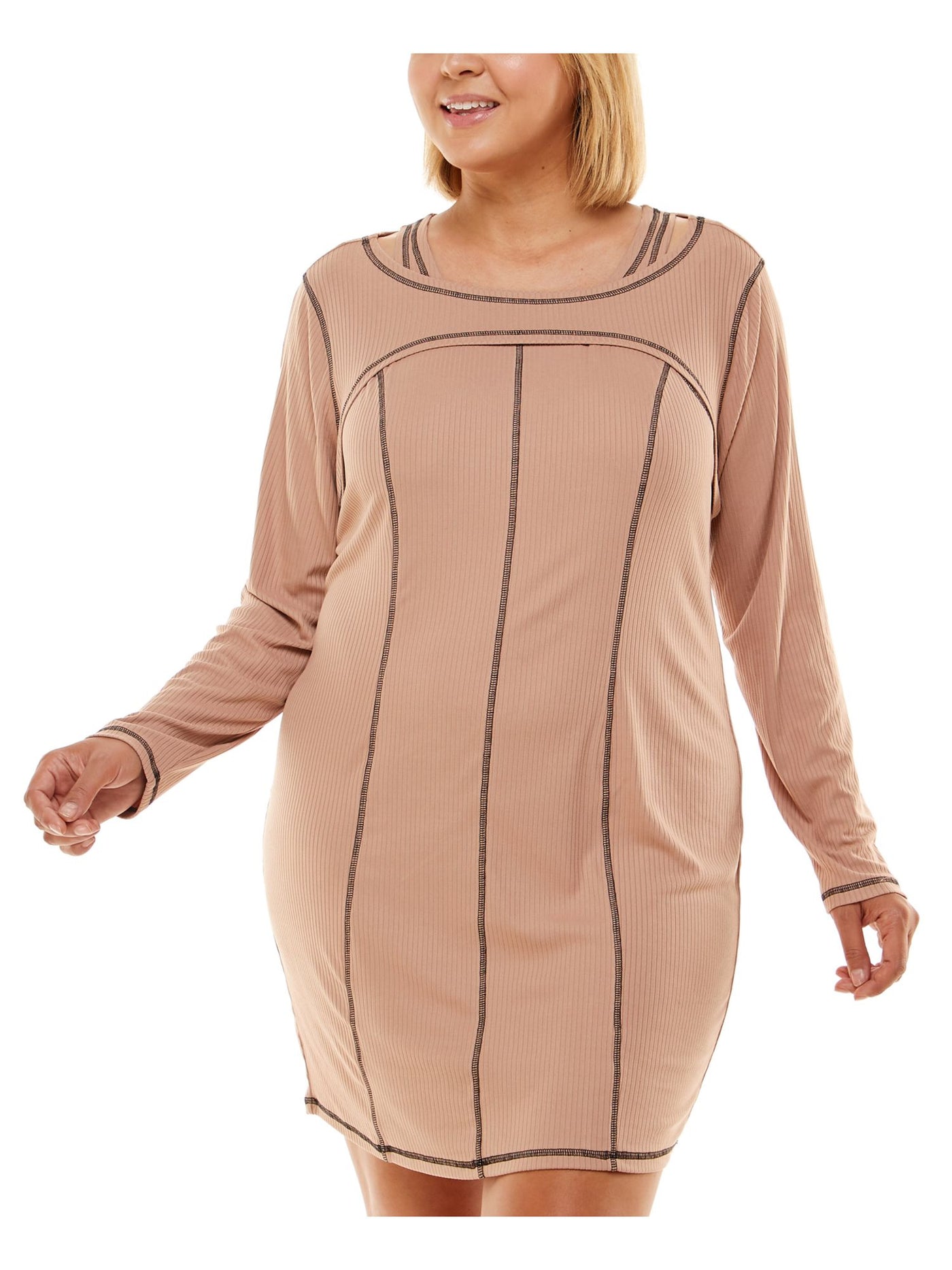 ULTRA FLIRT Womens Beige Stretch Ribbed Shrug Long Sleeve Scoop Neck Short Cocktail Body Con Dress Plus 1X