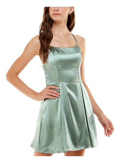 SPEECHLESS Womens Green Stretch Zippered Pleated Strappy-back Satin Tie Spaghetti Strap Scoop Neck Mini Party Fit + Flare Dress 9