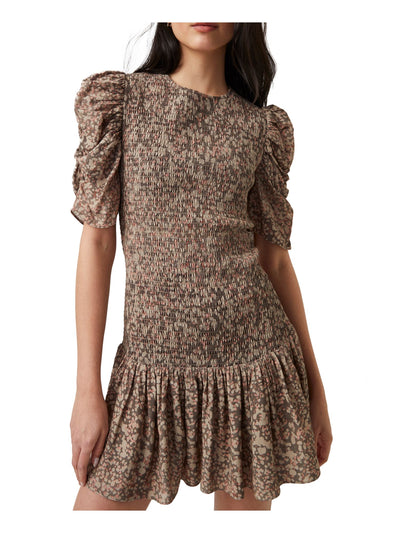 FRENCH CONNECTION Womens Brown Ruched Smocked Zippered Printed Pouf Sleeve Round Neck Short Party Shift Dress XS