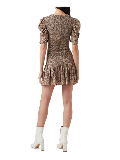 FRENCH CONNECTION Womens Brown Ruched Smocked Zippered Printed Pouf Sleeve Round Neck Short Party Shift Dress XS
