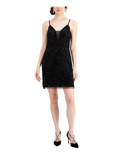 JKARA Womens Black Sequined Zippered Spaghetti Strap V Neck Mini Cocktail Sheath Dress L