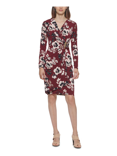 CALVIN KLEIN Womens Maroon Ruched Hardware Detail Unlined Floral Long Sleeve Surplice Neckline Above The Knee Party Faux Wrap Dress Petites 2P