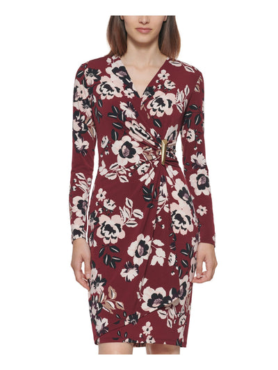 CALVIN KLEIN Womens Maroon Ruched Hardware Detail Unlined Floral Long Sleeve Surplice Neckline Above The Knee Party Faux Wrap Dress Petites 2P