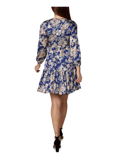 SAGE COLLECTIVE Womens Blue Zippered Ruffled Long Balloon-sleeve Knot Front Floral V Neck Mini Evening Fit + Flare Dress Petites 12P