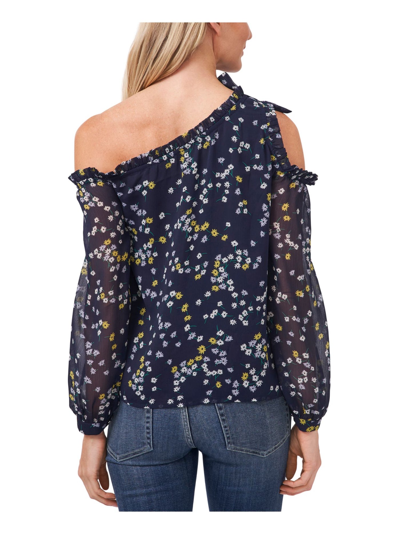 CECE Womens Navy Cold Shoulder Ruffled Bow Detail Sheer Body Lined Floral Long Sleeve Asymmetrical Neckline Party Blouse XS