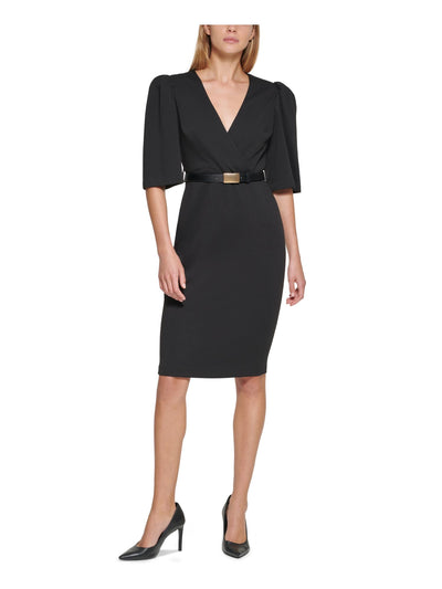 CALVIN KLEIN Womens Black Stretch Belted Zippered Pleated Darted Slitted Pouf Sleeve Surplice Neckline Knee Length Wear To Work Sheath Dress 16