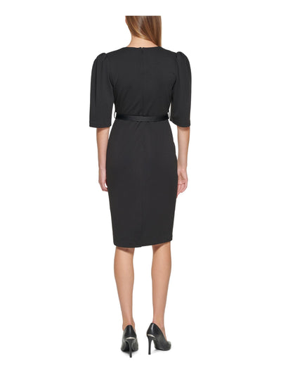 CALVIN KLEIN Womens Black Stretch Belted Zippered Pleated Darted Slitted Pouf Sleeve Surplice Neckline Knee Length Wear To Work Sheath Dress 16