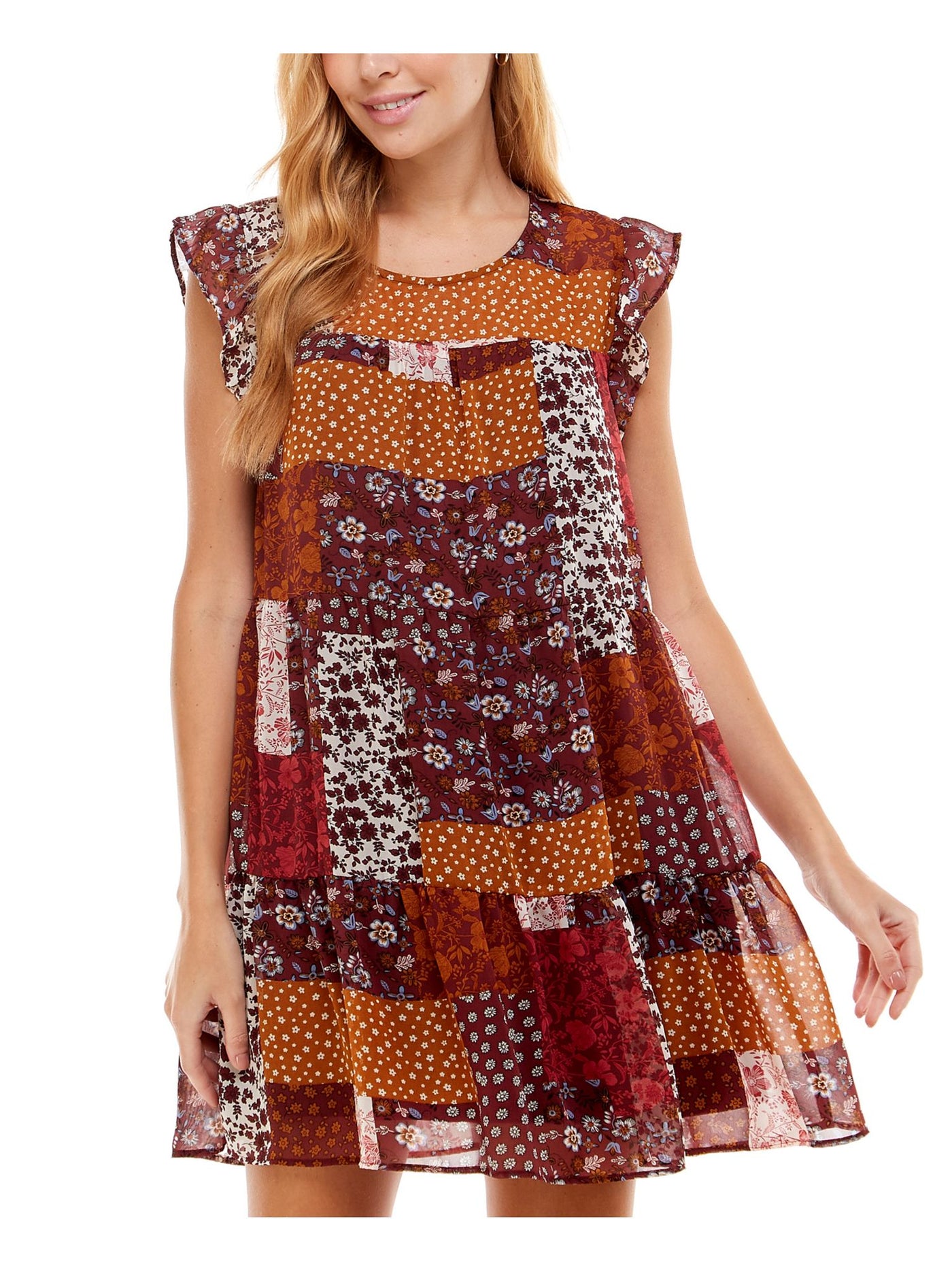 CRYSTAL DOLLS Womens Burgundy Ruffled Sheer Keyhole Back Lined Flutter Sleeve Jewel Neck Mini Party Shift Dress XS