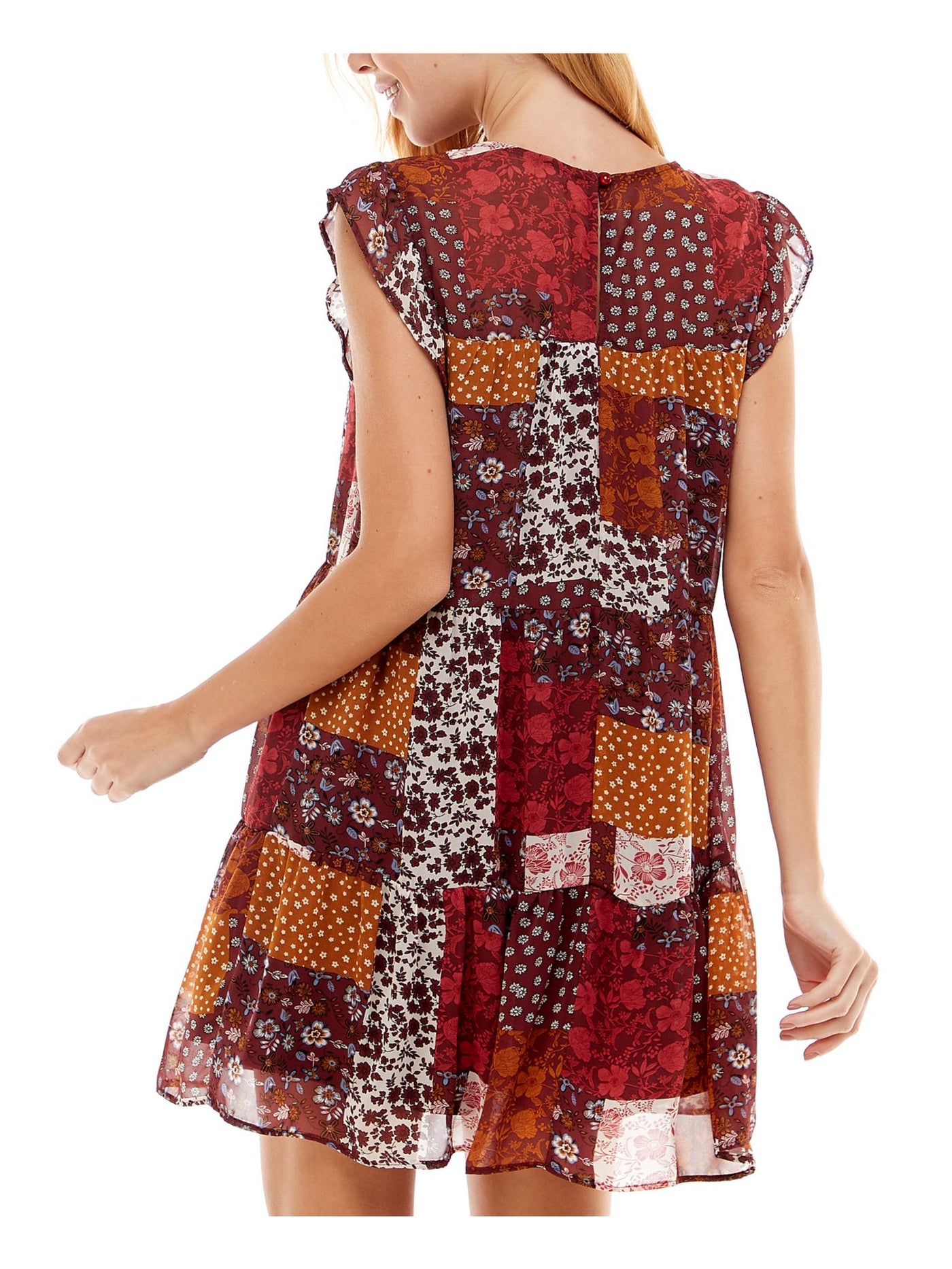 CRYSTAL DOLLS Womens Burgundy Ruffled Sheer Keyhole Back Lined Flutter Sleeve Jewel Neck Mini Party Shift Dress XS