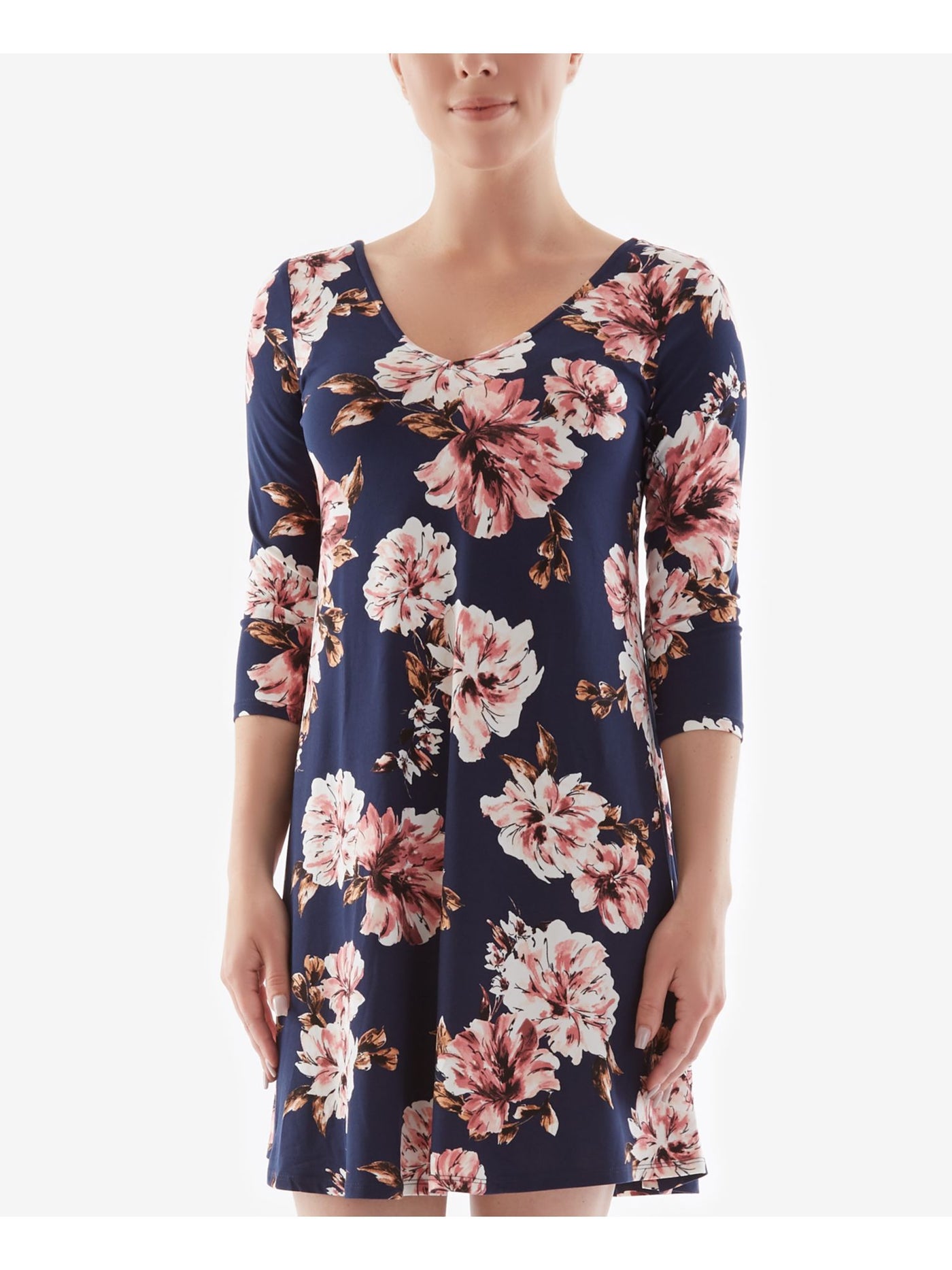 BCX Womens Navy Floral 3/4 Sleeve V Neck Short Evening Shift Dress M