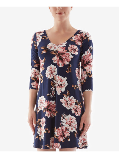 BCX Womens Navy Floral 3/4 Sleeve V Neck Short Evening Shift Dress M