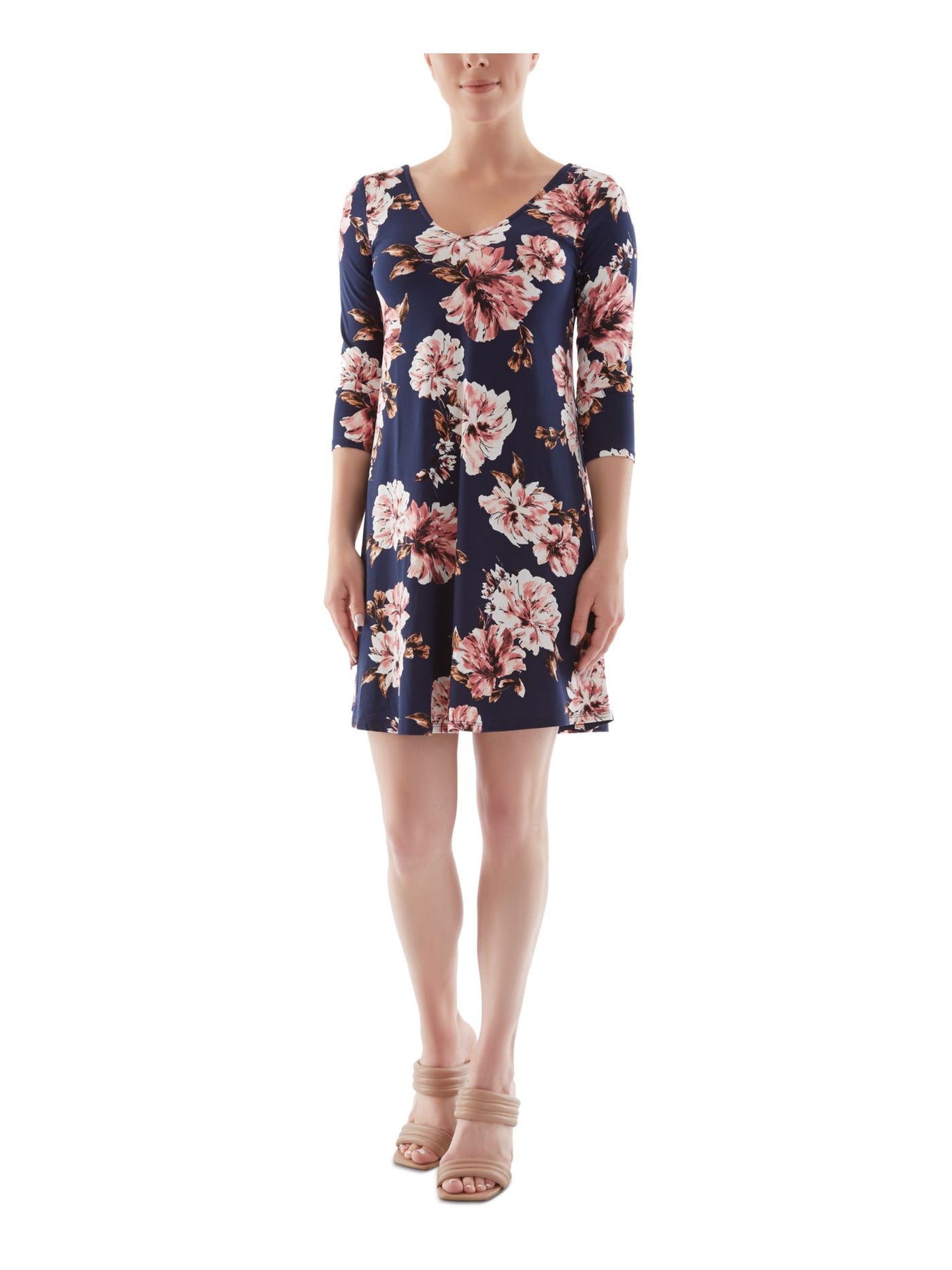 BCX DRESS Womens Navy Floral 3/4 Sleeve V Neck Short Evening Shift Dress M