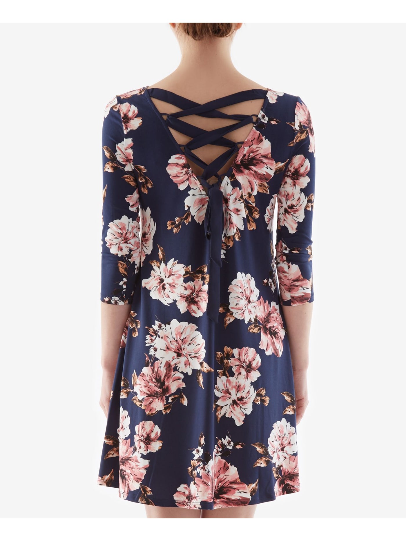 BCX Womens Navy Floral 3/4 Sleeve V Neck Short Evening Shift Dress M