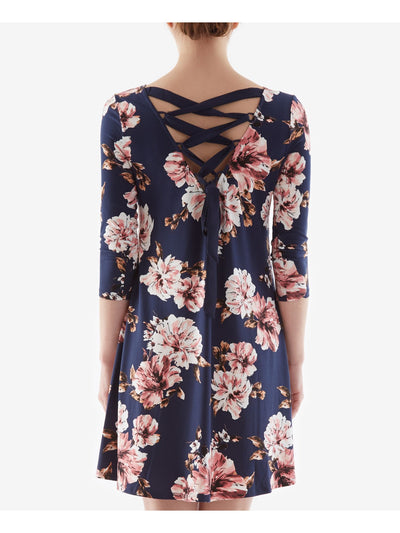 BCX Womens Navy Floral 3/4 Sleeve V Neck Short Evening Shift Dress M