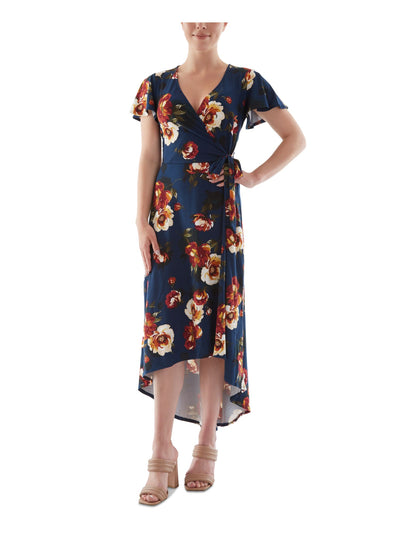 BCX DRESS Womens Navy Stretch Belted Pullover Styling Floral Flutter Sleeve Surplice Neckline Midi Wear To Work Hi-Lo Dress XXS