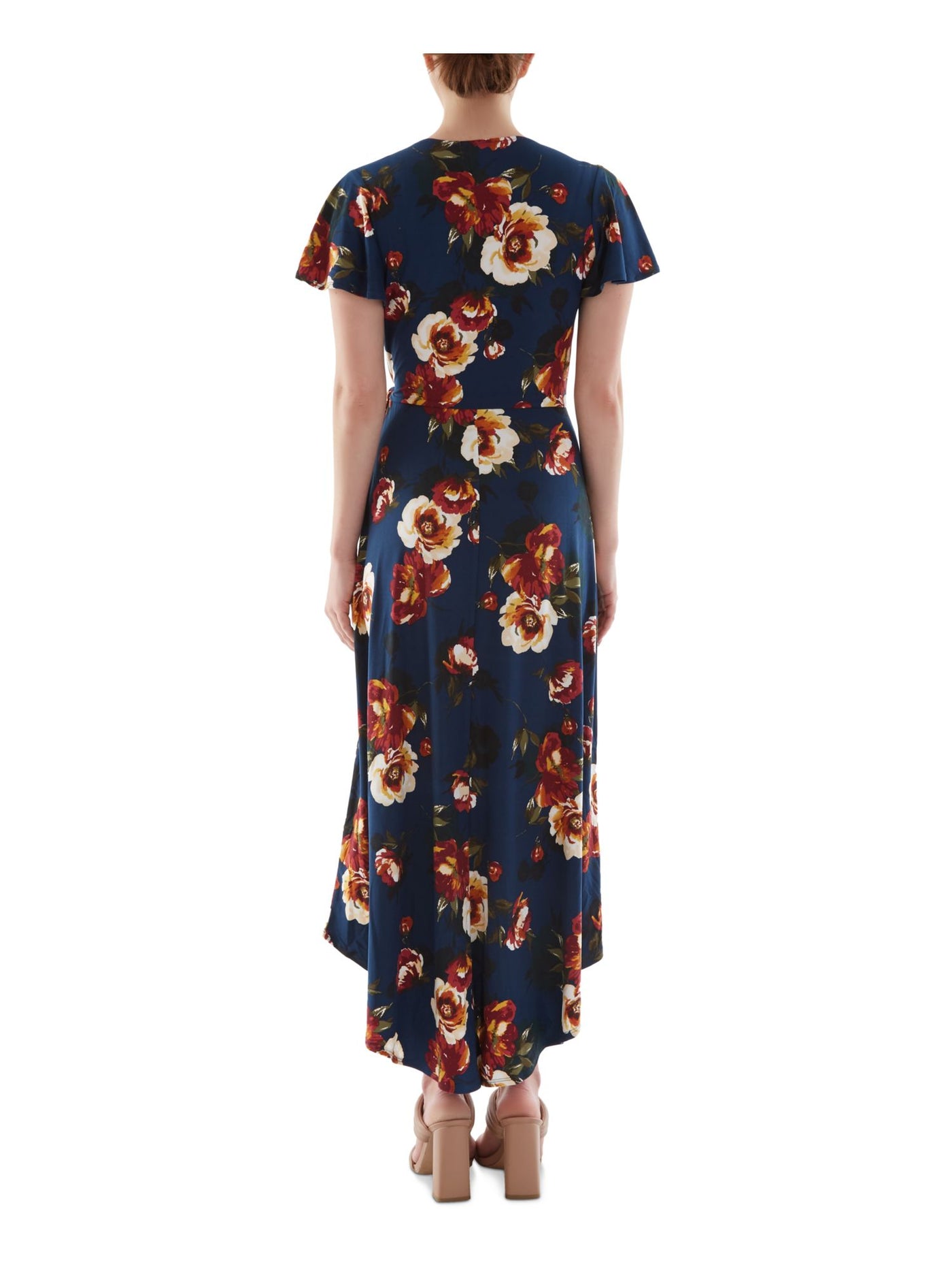 BCX DRESS Womens Navy Stretch Belted Pullover Styling Floral Flutter Sleeve Surplice Neckline Midi Wear To Work Hi-Lo Dress XXS