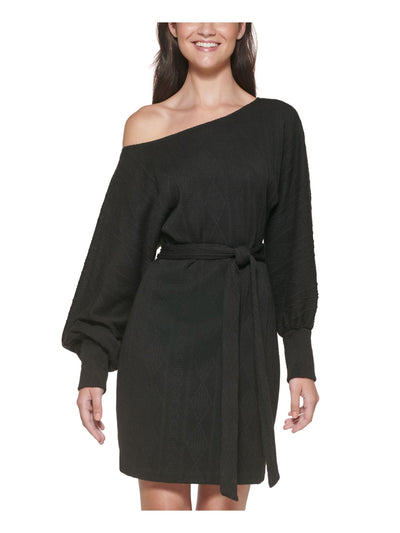 GUESS Womens Stretch Belted Textured Knit  Lined Blouson Sleeve Scoop Neck Above The Knee Evening Sweater Dress